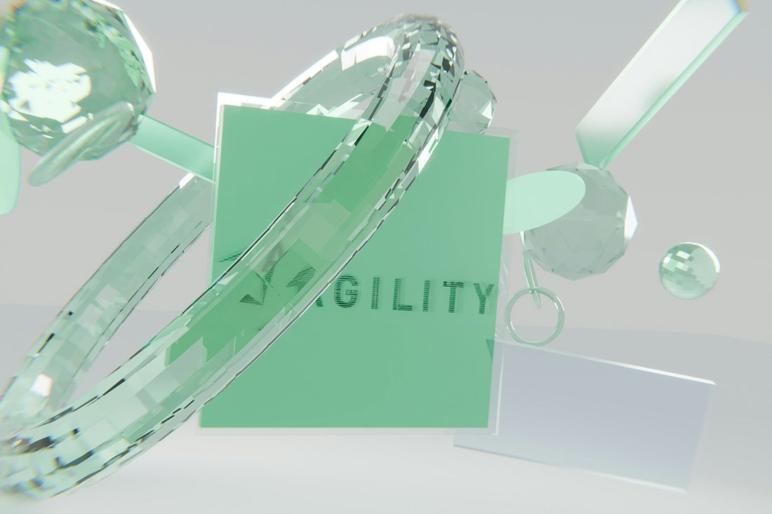 Transparent geometric shapes surround a green square with